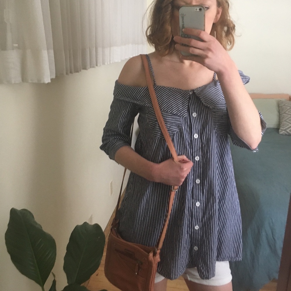 Pinstripe Off Shoulder Button Down Shirt